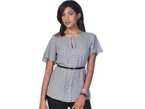 K229 Fleur Ladies Short Sleeve Grace Blouse - Leaf Print Georgette