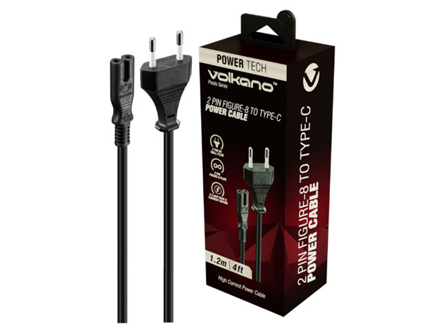 Volkano Presto Series Power Cable 2 Pin Figure 8 To Type-C Euro 1.2M 5A