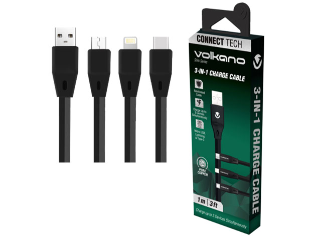 Volkano Slim Series Flat Pvc 3 In 1 Cable 1M