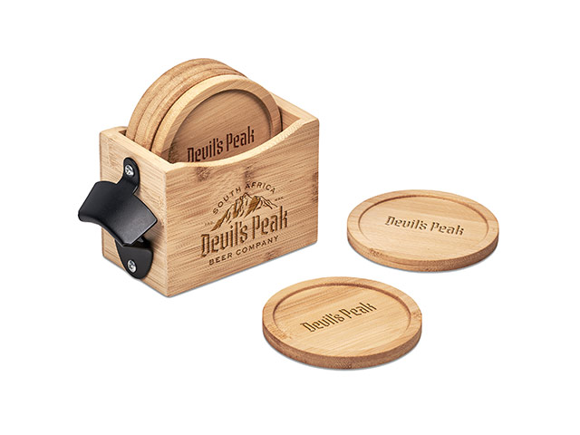 Okiyo Kanpai Bamboo Coaster And Bottle Opener Set