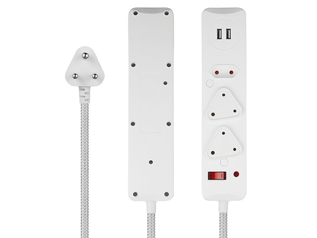 Switched 3 Way Medium Surge Protected Multiplug With Dual 2.4A Usb Ports 0.5M Braided Cord