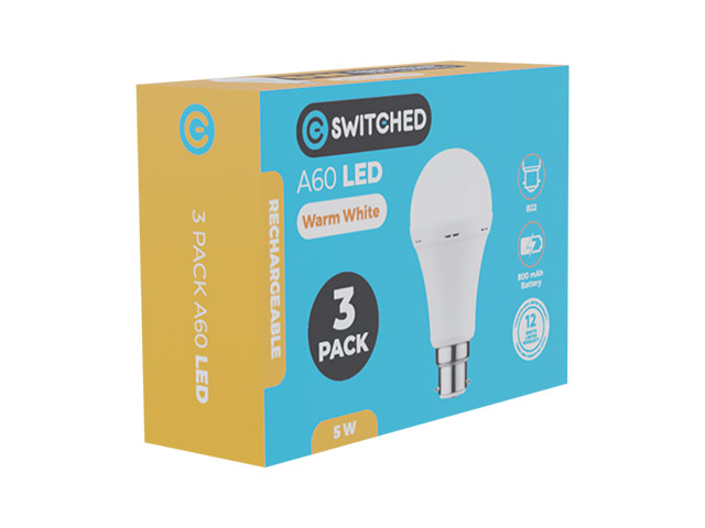 Switched 5W A60 Rechargeable B22 Led Light Bulb Warm White -3 Pack